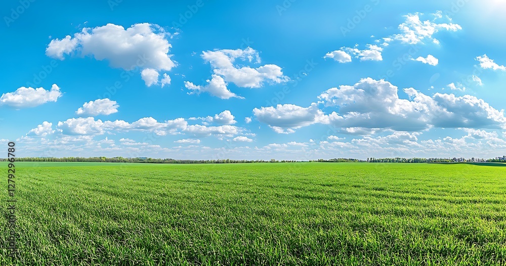 Sunny Day in the Green Field A Beautiful Landscape with Lush Green Grass, Fluffy White Clouds, and Bright Sun Under a Blue Sky Sunny Day in the Green Field A Beautiful Landscape with Lush Green Grass, Fluffy White Clouds, and Bright Sun Under a Blue Sky