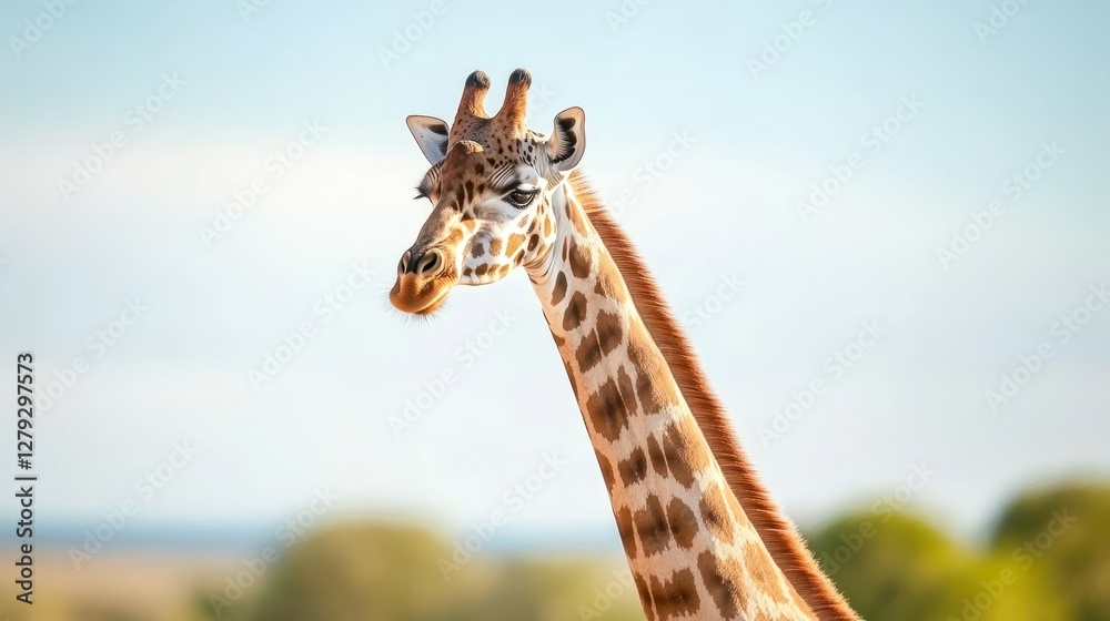 Obraz premium The Majestic Reach of a Giraffe: Captured in a sun-drenched savanna, a giraffe extends its long neck, displaying its signature patterned coat against a soft, natural backdrop.