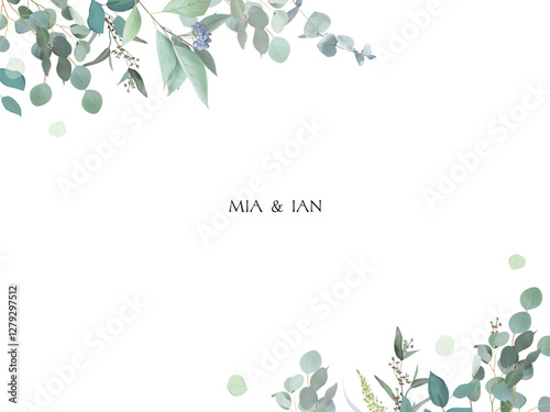 Herbal eucalyptus selection vector frame. Hand painted branches, leaves on white background. Greenery wedding simple minimalist invitation. Watercolor style card. Elements are isolated and editable