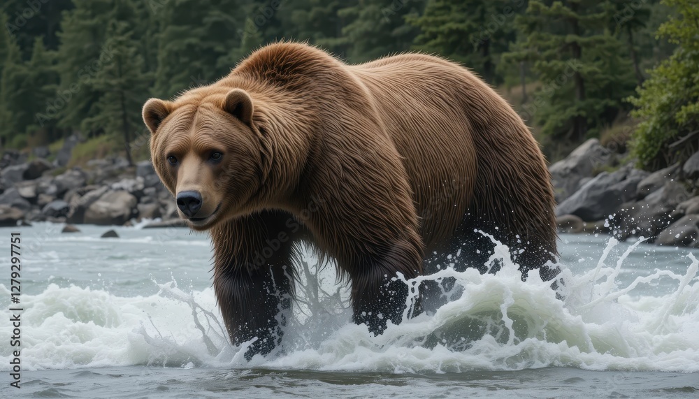Grizzly Bear Standing in Shallow River Water Surrounded by Wilderness Grizzly Bear Standing in Shallow River Water Surrounded by Wilderness