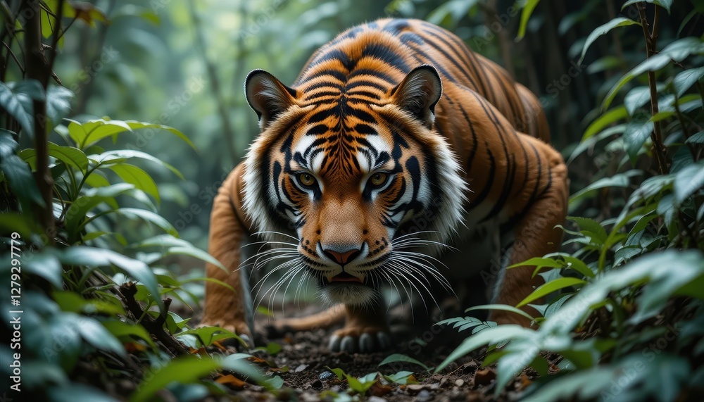 Fototapeta premium Majestic Tiger Stalking Through Lush Green Jungle Habitat