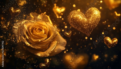 Golden roses and hearts with glittering swirls on a dark background  a captivating photography shot