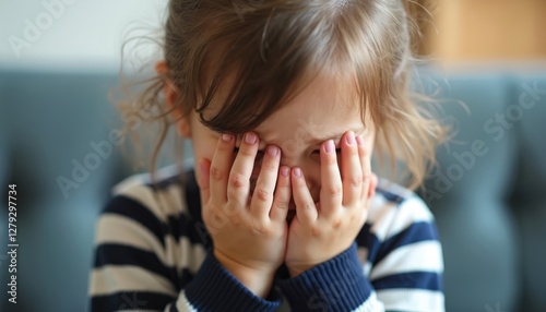 Little girl covering face with hands. Shy child hides face with hands. Playful kid makes funny expressive gesture, hides eyes, peeks through fingers. Child emotion, childhood concept. Portrait of