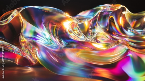 Flowing neon waves with a holographic effect. The photo features bright, vivid colors and a futuristic aesthetic.