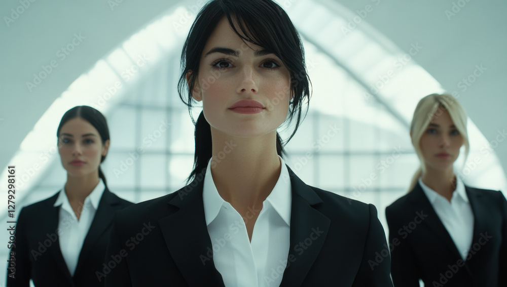 Three striking women exude confidence in tailored suits, standing together against a contemporary backdrop filled with natural light Three striking women exude confidence in tailored suits, standing together against a contemporary backdrop filled with natural light