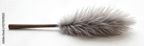 Minimalistic feather duster with wooden handle on white background. Single object isolated. Household cleaning tool for housework, domestic chores, tidiness. Soft fluffy feathers for easy dust