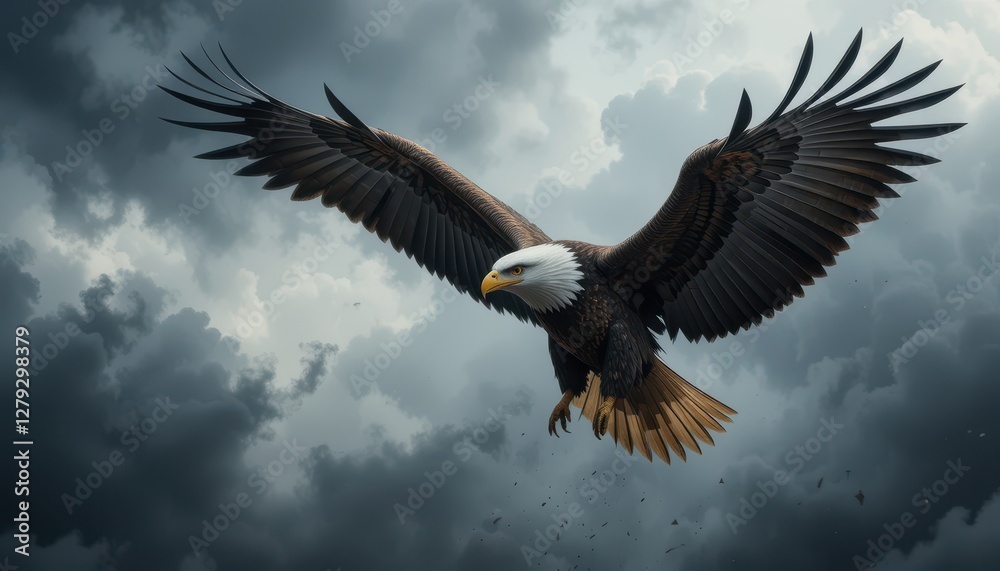 Obraz premium Majestic Eagle Soaring Through Dramatic Cloudy Sky in Flight