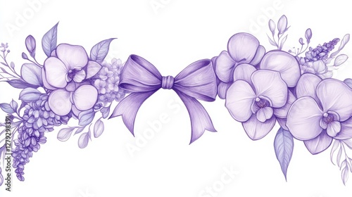 Hand-drawn purple clipart featuring violet flowers like wisteria, orchid, and rose with a bow isolated on a white background.