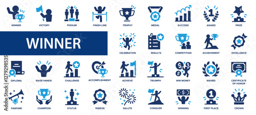 Winner flat icons set. Success, medal, podium, prize, win money, champion, victory icons and more signs. Flat icon collection.