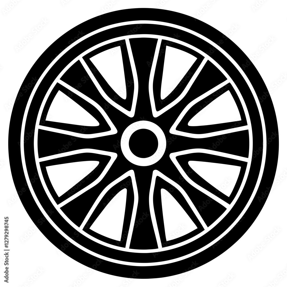 Obraz premium car wheel black silhouette vector, Simple silhouette Design vector icon with white background. Tire Vector, Sport car wheel 