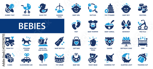 Babies flat icons set. Baby, care, rattles, baby toys icons and more signs. Flat icon collection.