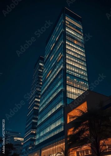 Tall buildings with glass windows are lit up at night banner skyscraper city building skyscraper downtown business architecture cityscape
