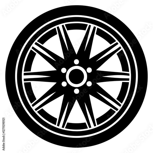 car wheel black silhouette vector, Simple silhouette Design vector icon with white background. Tire Vector, Sport car wheel   
