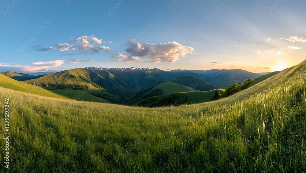 Fototapeta premium Majestic mountain peaks with lush green slopes under a bright blue sky dotted with fluffy white clouds, capturing the beauty and grandeur of nature in a serene alpine landscape