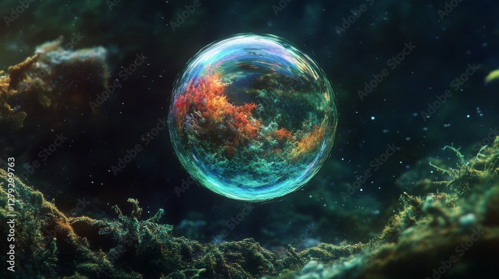 Fototapeta premium Shimmering, colorful bubble floating in darkness.
