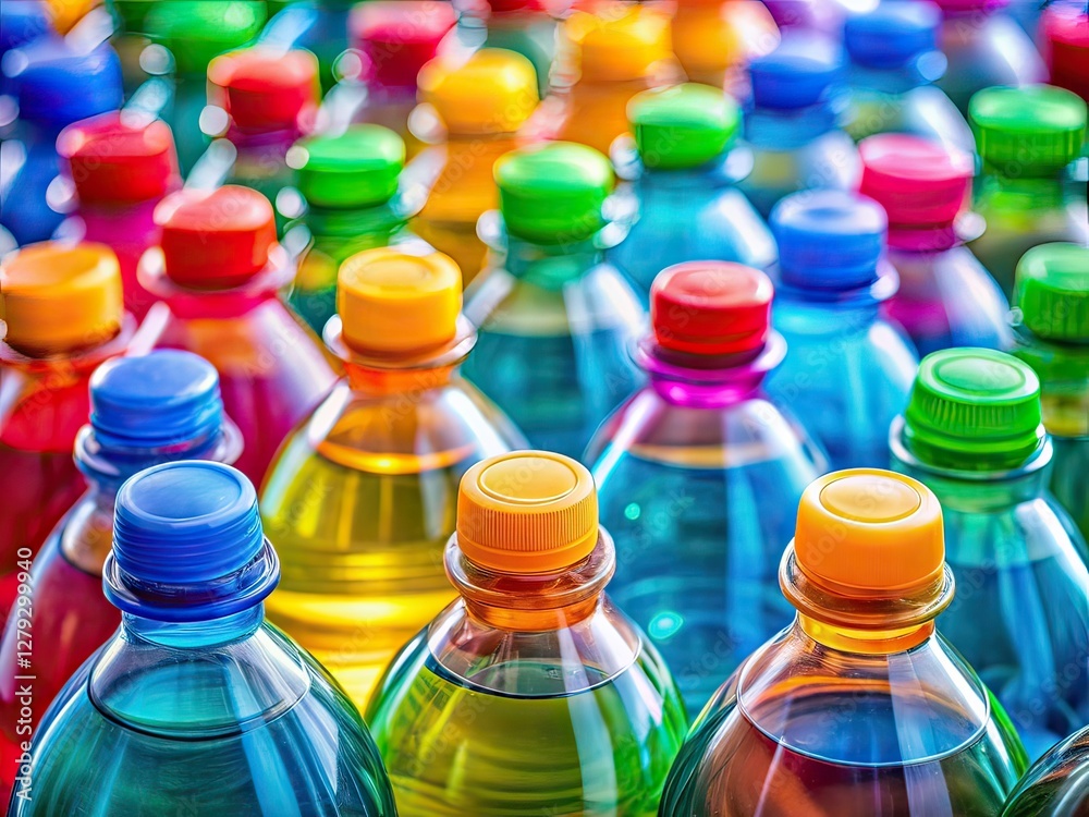 Tilt-Shift Water Bottles, Colorful Caps, Background Tilt-Shift Water Bottles, Colorful Caps, Background