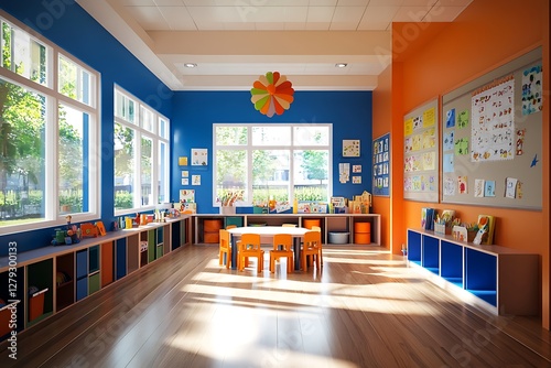 A colorful kindergarten classroom filled with vibrant blue and orange walls, creating a cheerful and engaging learning environment