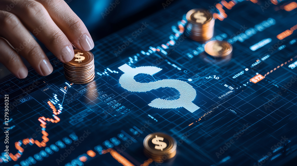 Naklejka premium Digital financial analysis with coins and dollar sign
