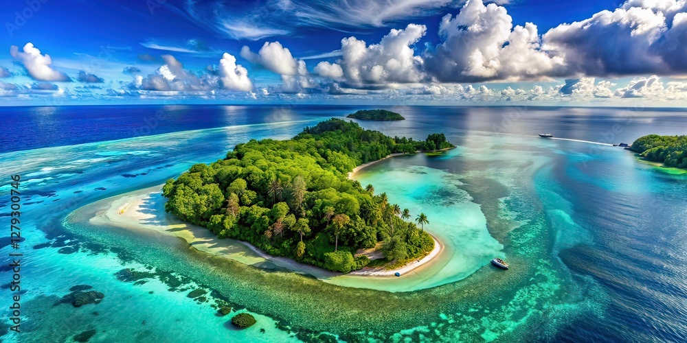 Fototapeta premium Tropical Island Paradise: Aerial Lagoon & Reef