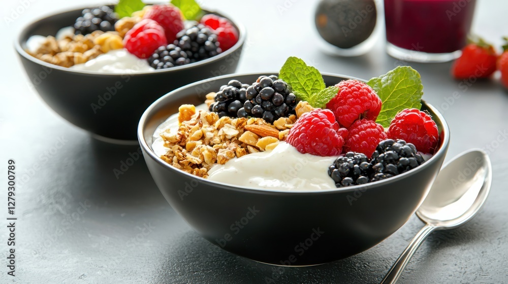 Healthy acai breakfast bowls with fruits and nuts morning sunlight food photography side angle view nutritious concept Healthy acai breakfast bowls with fruits and nuts morning sunlight food photography side angle view nutritious concept