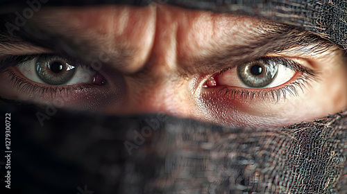 Close-up portrait of a man's intense eyes peering from beneath a dark cloth covering his face, set against a blurred, shadowy background, suitable for themes of mystery, suspense, or danger