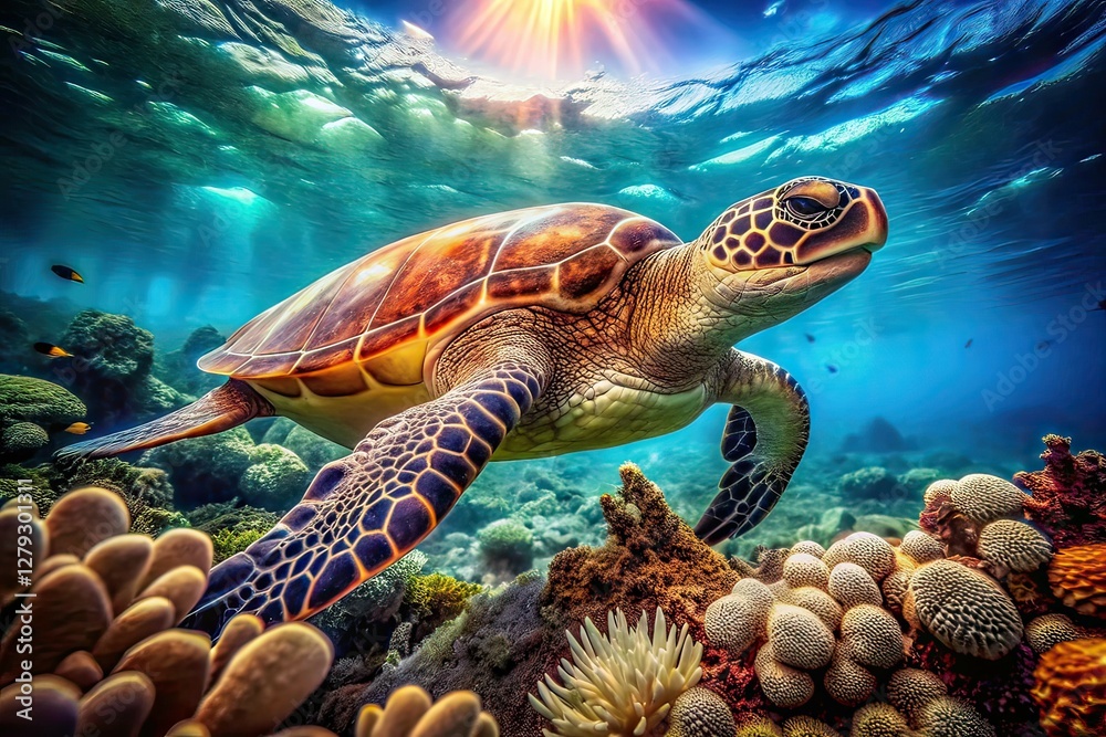 Obraz premium Underwater Turtle Coral Reef Vintage Photo