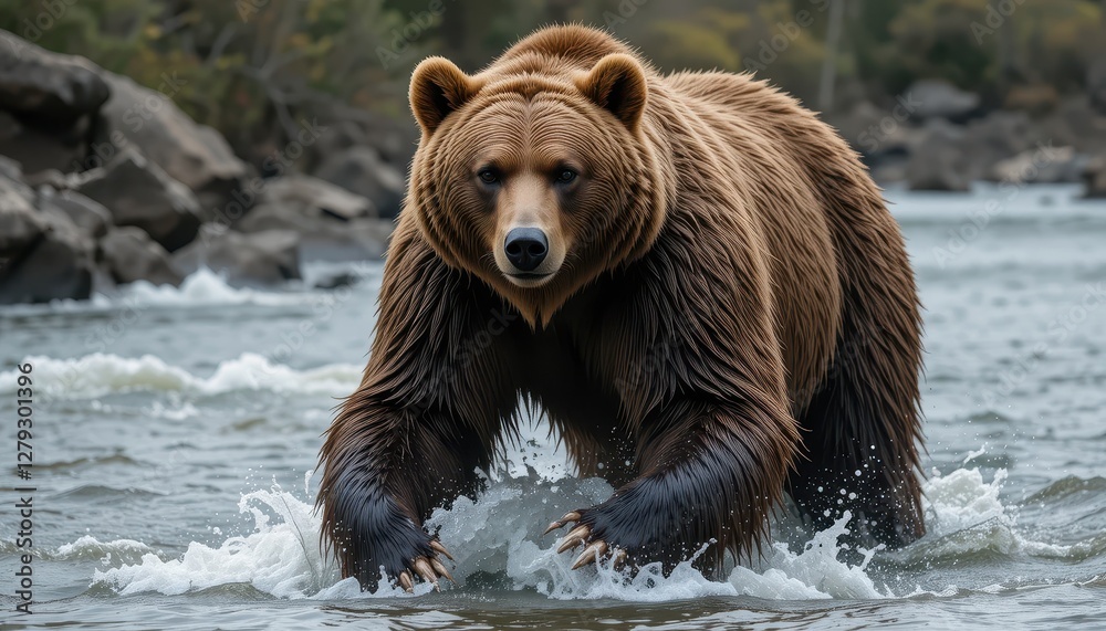 Powerful Brown Bear Walking Through the River with Splashing Water Powerful Brown Bear Walking Through the River with Splashing Water