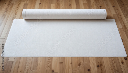 Plain White Yoga Mat Rolled Out on Wooden Floor Ready for Branding or Design
