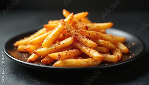 Crispy cajun seasoned french fries served on black plate. Flavorful coating, rich coloring. Delicious, spicy snack, served as side dish, appetizer. Fast food, homemade comfort food. Culinary concept
