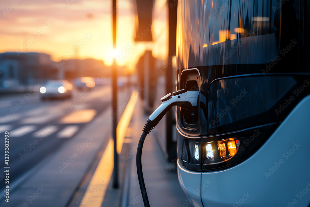 Electric bus charging at station during sunset, showcasing modern transportation technology and sustainability. warm glow of sunset enhances scene beauty and innovation