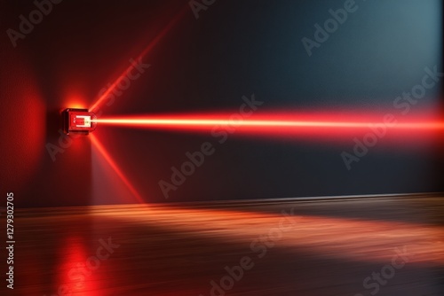 Vibrant red laser beam projecting onto a dark wall, creating striking visual effects and reflections on the floor, showcasing light and color dynamics concept photo