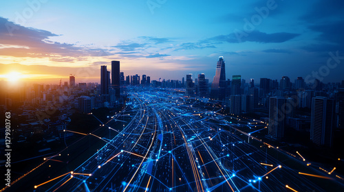 modern city skyline at sunset, showcasing network of electric lights and data connections. vibrant colors of sky reflect innovation and urban life