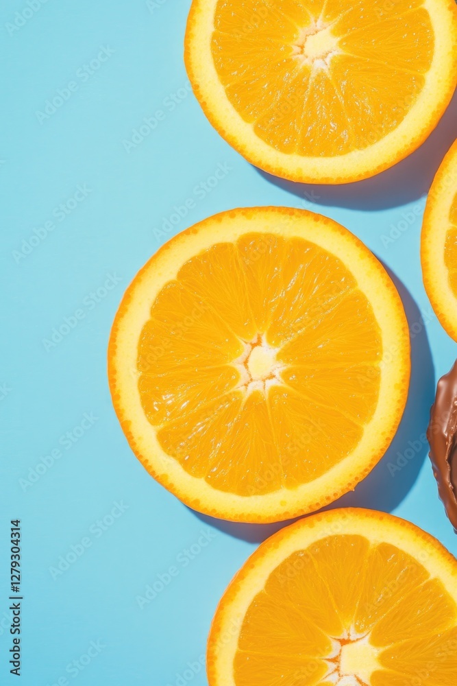 Fototapeta premium Bright orange slices arranged on vibrant blue background create