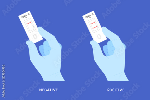 Hand wearing medical glove holding Covid-19 Rapid Antigen test results; Negative and Positive. Concept of Coronavirus swab test, laboratory, epidemic, self test. Flat vector illustration.