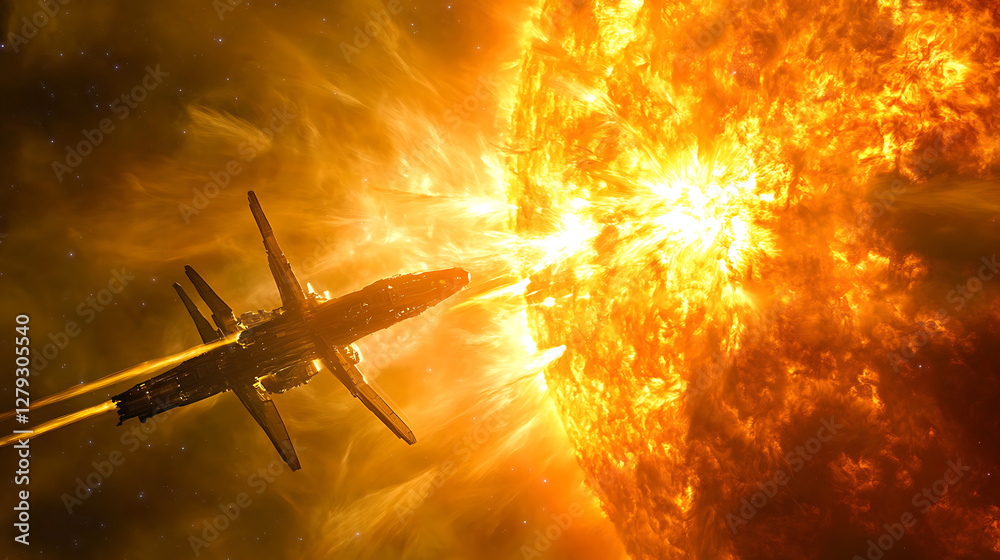 Fototapeta premium A spaceship flying through a solar storm, surrounded by intense radiation waves and glowing plasma ejections from the sun 