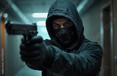 Front view of hooded attacker aiming gun. Theme of robbery or assault. Man in black mask, gloves holds handgun in corridor. Concept of crime, threat, violence, danger.