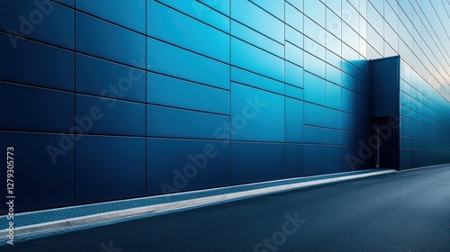 Empty urban alleyway beside a modern blue building facade photo