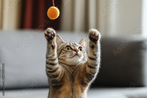 Playful tabby cat reaching for a toy ball indoors