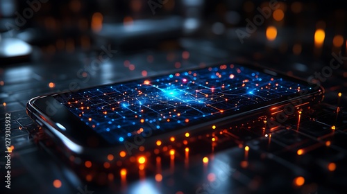 A phone showing a bright and interconnected digital network protecting user profiles with colorful nodes