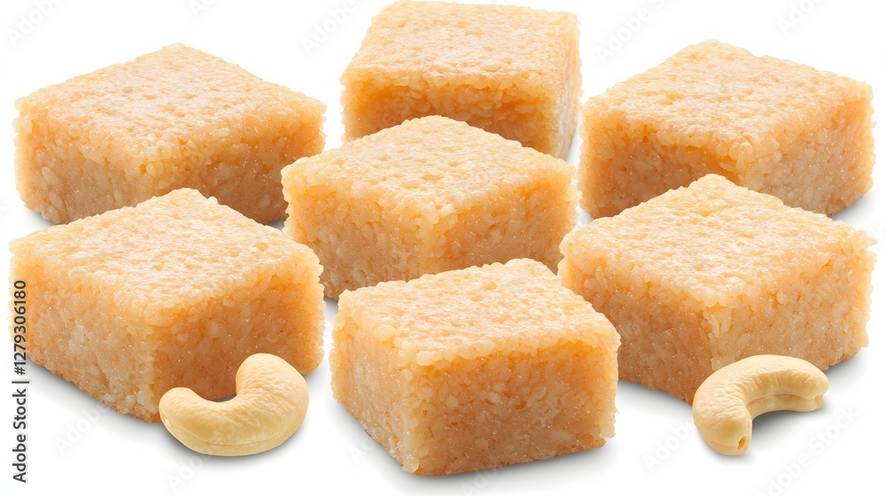 Kaju Katli A Traditional Indian Sweet Dessert Featuring Cashews and Sugar Isolated on White Kaju Katli A Traditional Indian Sweet Dessert Featuring Cashews and Sugar Isolated on White