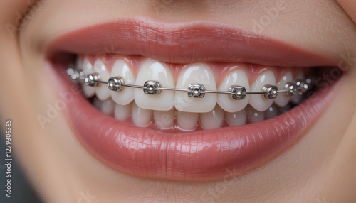 Close-Up of Smile with Traditional Metal Braces Showing Details of Brackets and Wires