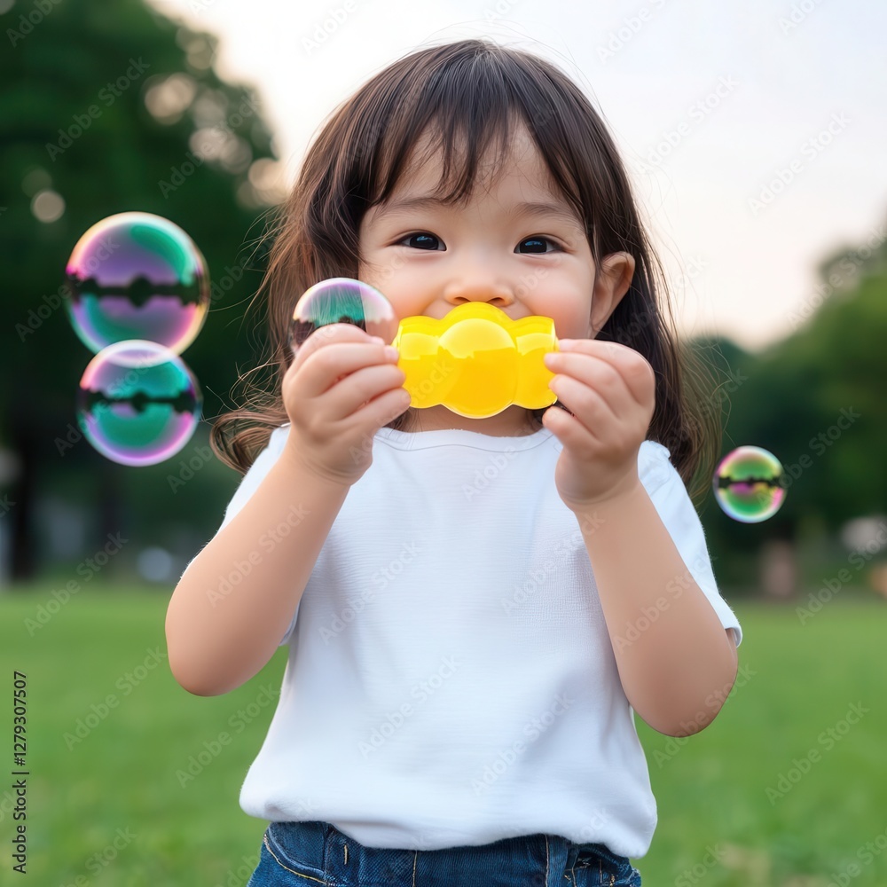 Happy child playing with bubbles in a sunny outdoor setting. Happy child playing with bubbles in a sunny outdoor setting.