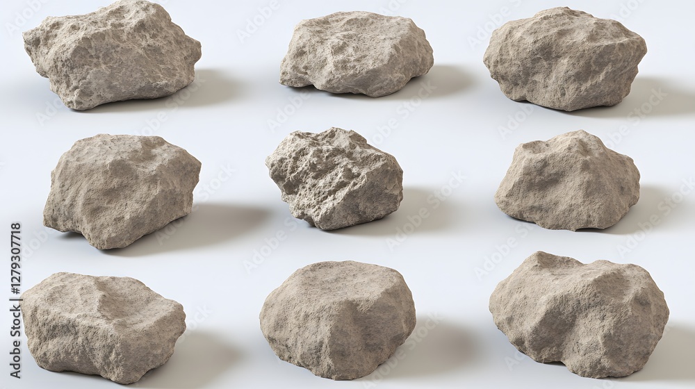 Naklejka premium Collection of Nine Rough Gray Rocks Stones Minerals Isolated on White Backdrop for Geological Study