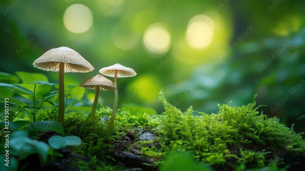 Three small mushrooms growing on moss in a forest. Three small mushrooms growing on moss in a forest.