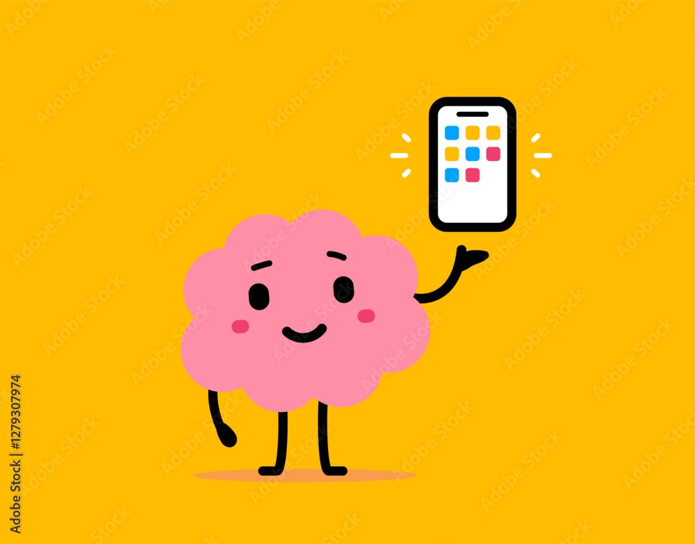 Φωτογραφία Vector cartoon education illustration of cute happy brain character show smart phone in hand on yellow color background
