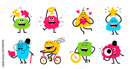 Vector set of cartoon illustration of cute happy smile geometric character with heart, puzzle, winner cup, magnifier and bicycle. Flat style child doodle design of different abstract kid character set