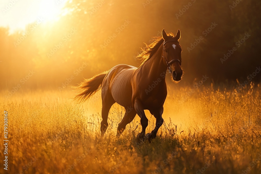 Majestic horse running through sunlit field at golden hour Majestic horse running through sunlit field at golden hour