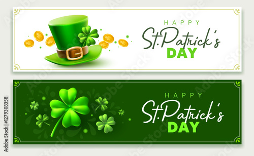 Vector set of illustration with green clover, leprechaun hat and golden coin with happy saint patricks day word on color background. 3d style design with hat, gold and clover for st patrick day