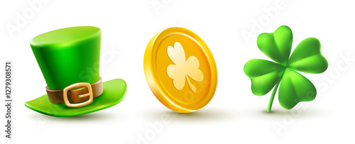 Vector set of illustration of saint patricks day element isolated on white background. Leprechaun green top hat with buckle, golden coin and four leaf clover. 3d style design for st patrick day icon