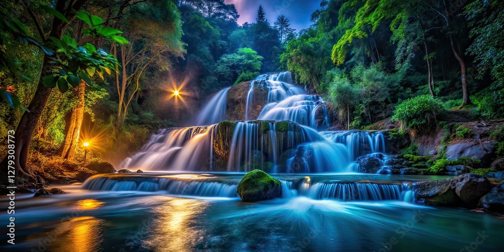 Obraz premium Wild Waterfall Landscape - Night Photography AI Art